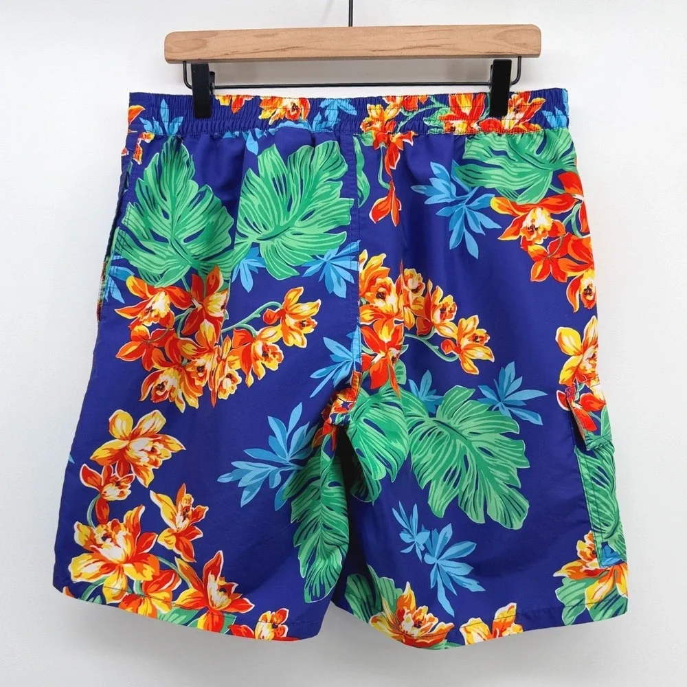 Polo Ralph Lauren Swim Trunks Mens M Blue Floral Tropical Hibiscus Beachwear